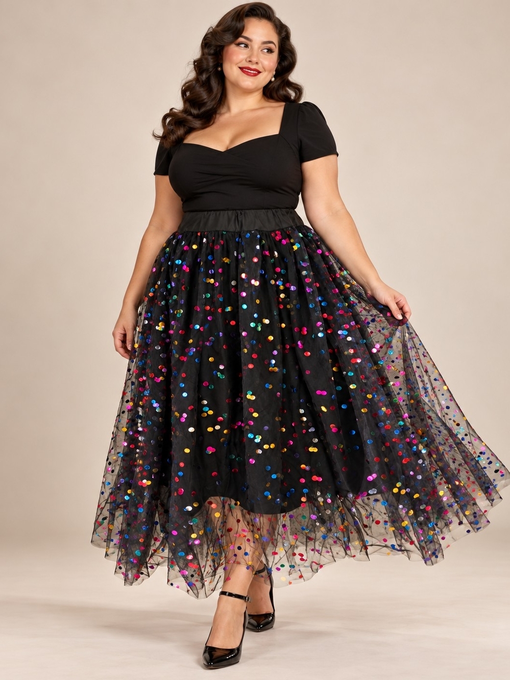 MODCLOTH TULLE METALLIC POLKA DOT MIDI SKIRT SZ 1X